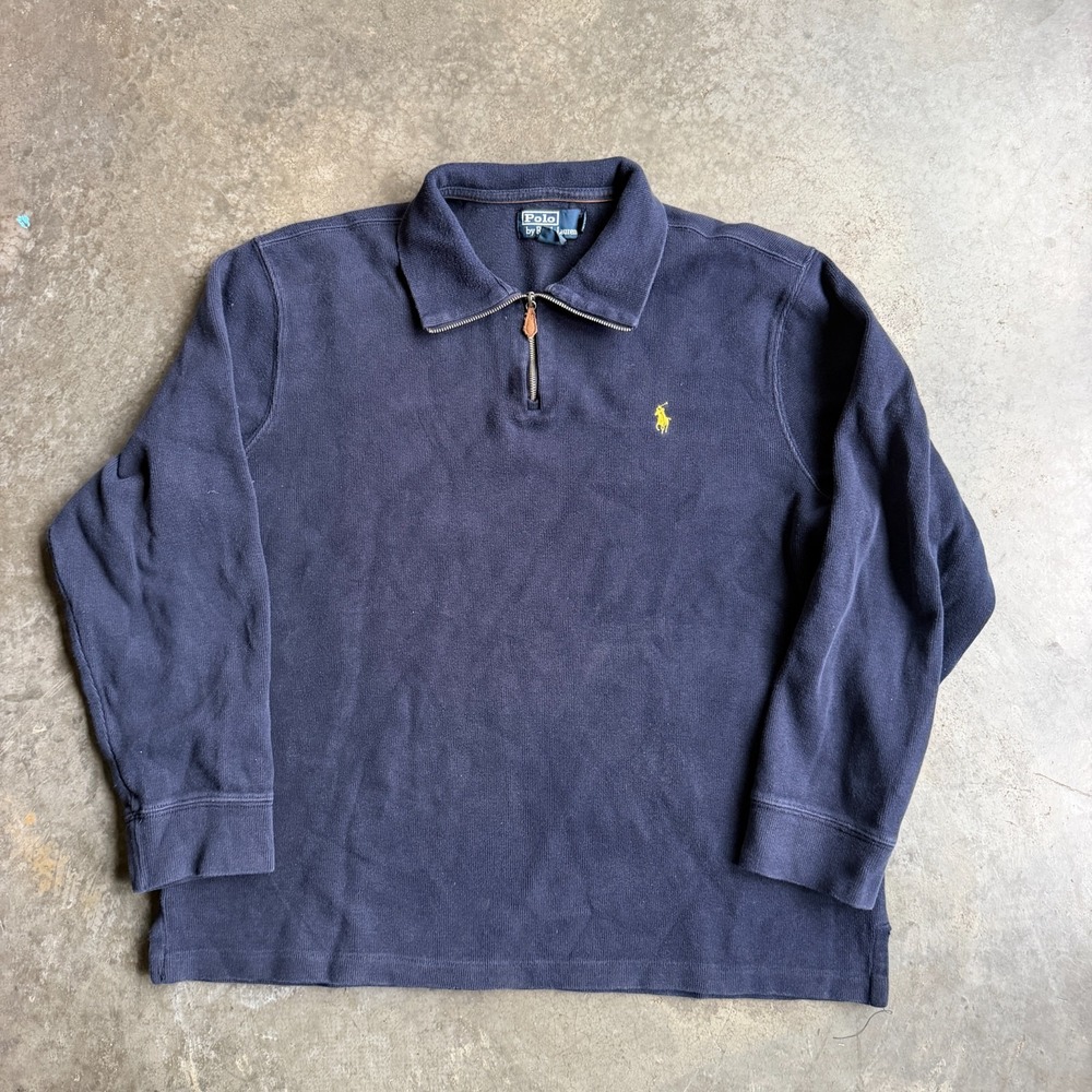 VTG Polo Ralph Lauren Ribbed 1/4 Zip Sweater Cotton Blue Yellow Mens XL Preppy